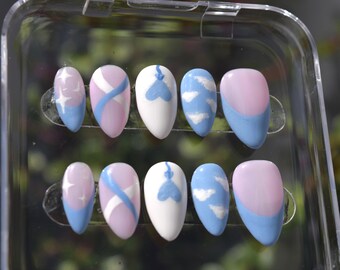 Blue French Tip Cloud Press On Nails: Heart Balloon Design