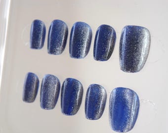 Handmade Emperor Blue Cat Eye Press On Nails
