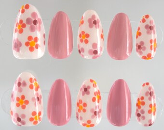 Floral Press On Nails: Pink Orange Flower Design, Reusable