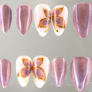 Handmade Violet Cat Eye Press On Nails: Butterfly Design