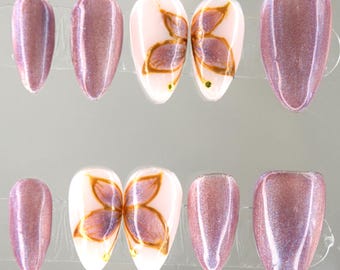 Handmade Violet Cat Eye Press On Nails: Butterfly Design