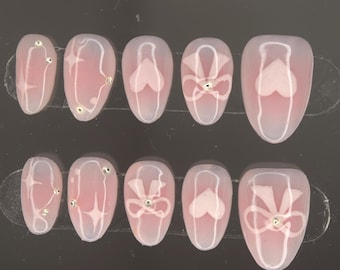 Handmade Pink Coquette Press On Nails: Bows & Hearts