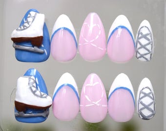 3D Ice Skate Press On Nails: Blue & White Figure Skate Design