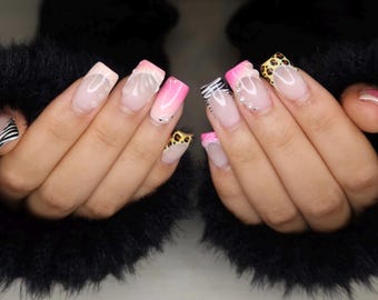 Y2K Zebra Print French Tip Nails – Hot Pink Ombre Leopard Accents