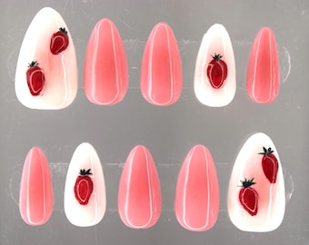 Handmade 3D Strawberry Press On Nails: Blush Pink Kids Nails