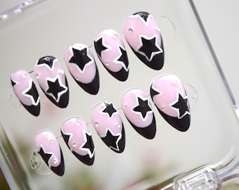 Black Star French Tip Press On Nails: Handmade Starry Nail Set