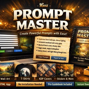 May include: A promotional image for "Prompt Master" software. The image features a laptop displaying the software interface, a user guide, and examples of products like wall art and t-shirts. Text includes "Create Powerful Prompts with Ease!" and "Instant Download."