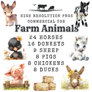 Cute Farm Clipart, Farm Animals, Watercolor Digital Clipart, Farm Animals PNGs, Scenes, scrapbook paper, & quotes included; Junk journaling