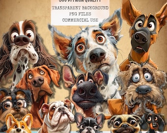 Whimsical cute Dog PNG Clipart Bundle, High Quality 300 DPI Images, Commercial Use, Digital Download, Junk Journal, Funny dogs, scrapbooking
