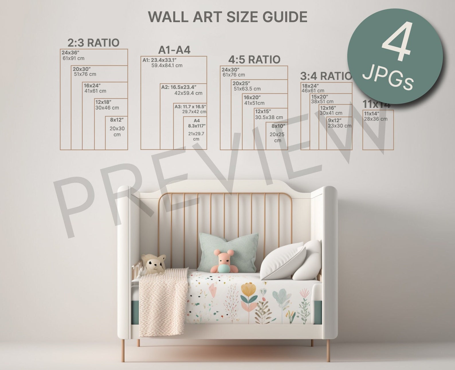 4 Nursery Room Wall Art Size Guides Bundle, Baby Room Picture Size ...