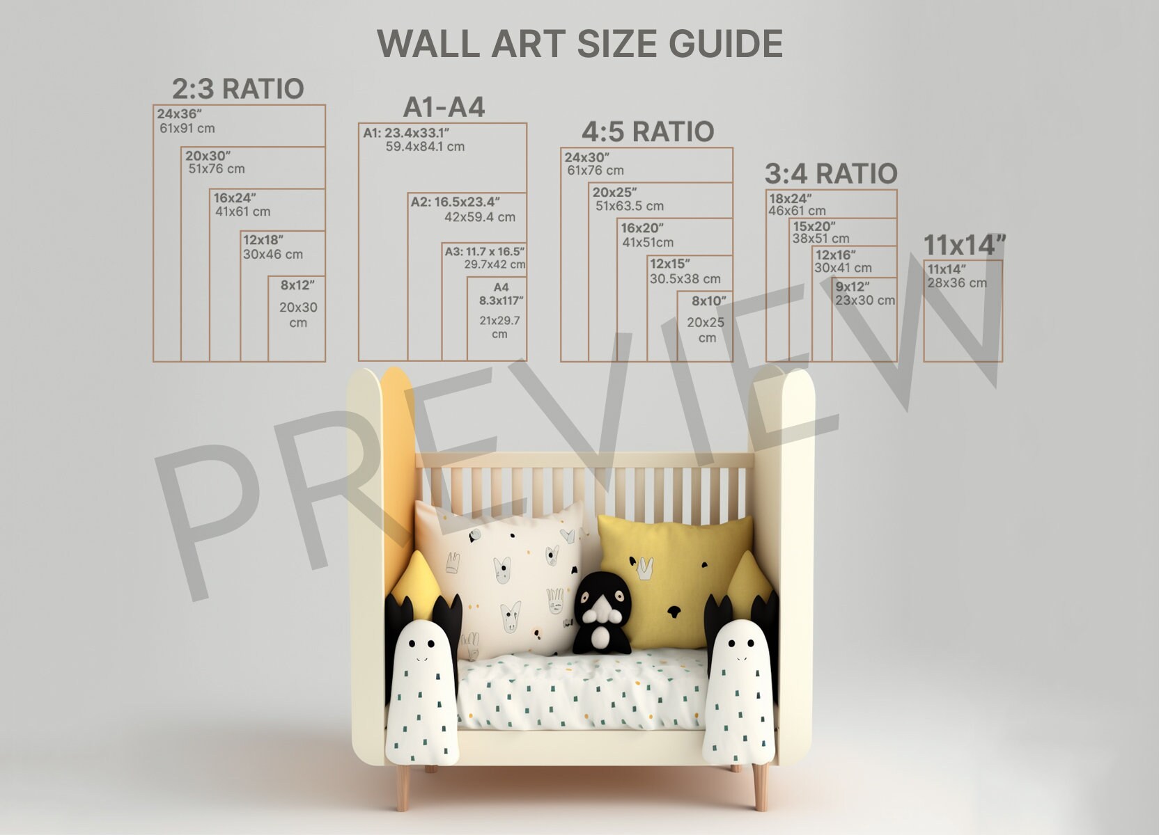 4 Nursery Room Wall Art Size Guides Bundle, Baby Room Picture Size ...