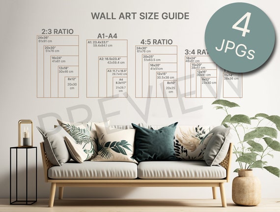 4 Wall Art Size Guides Bundle, Japandi Picture Size Chart, Frame