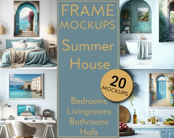 Paquete de maquetas de 22 marcos, maqueta de estilo mediterráneo, dormitorio, maqueta de cocina de sala de estar para decoración de paredes Maqueta de póster interior de casa de verano