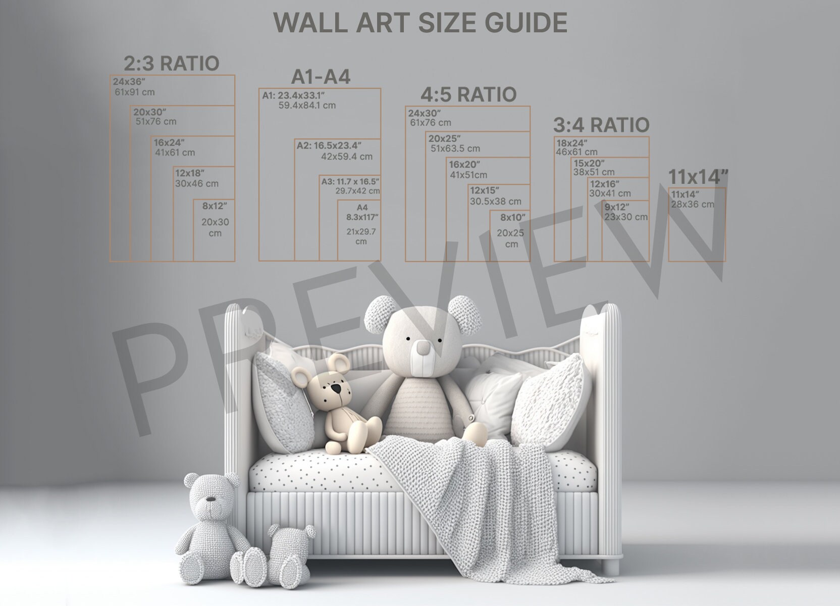 4 Nursery Room Wall Art Size Guides Bundle, Baby Room Picture Size ...