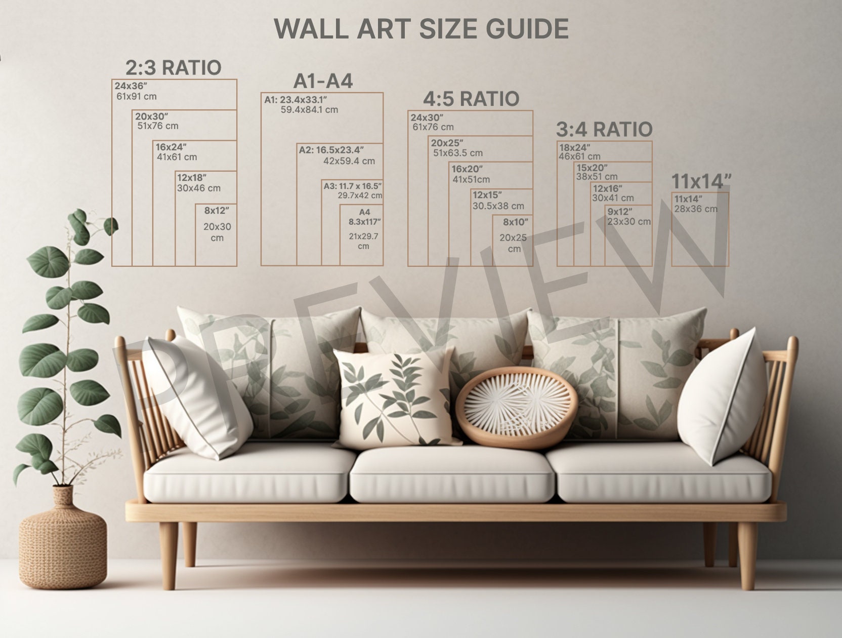 Picture Denoting Guide 4 Wall Art Size Guides Bundle, Japandi Picture Size Chart, Frame ...