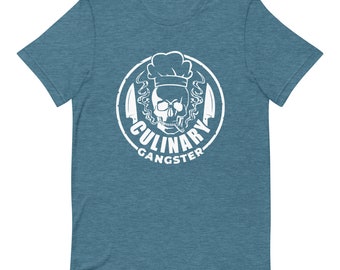 May include: A teal blue t-shirt with a white graphic of a skull wearing a chef's hat and smoking a cigar. The graphic is surrounded by a circle with the text "Culinary Gangster".