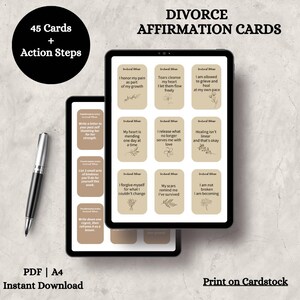 Cartes imprimables d'affirmation de divorce, soutien à la santé mentale, rétablissement émotionnel, amour de soi, un nouveau départ, renforcement de la confiance