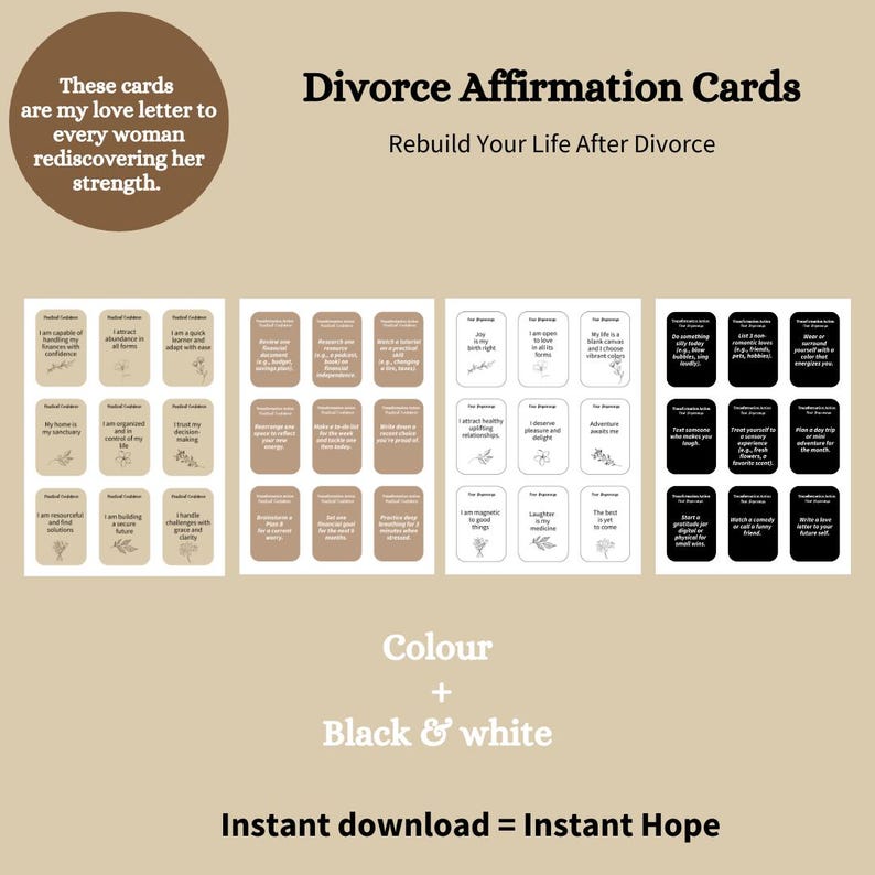 Printable Divorce Affirmation Cards, Mental Health Support, Emotional ...