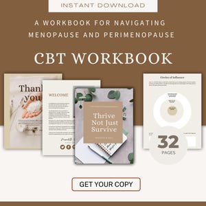 Könnte beinhalten: Ein digitaler Download für ein CBT-Arbeitsbuch mit dem Titel "Thrive Not Just Survive" mit 32 Seiten, um bei der Navigation durch Menopause und Perimenopause zu helfen. Das Arbeitsbuch enthält eine Willkommensseite, eine Dankesseite und eine Seite mit einem Diagramm des Einflussbereichs.