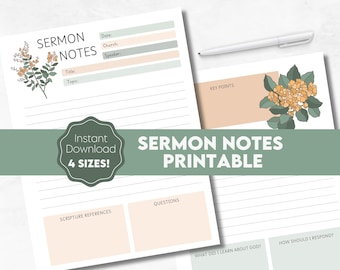 Notas de sermones imprimibles Notas de sermones florales Plantilla de notas de sermones Planificador cristiano imprimible Planificador feliz Notas de sermones