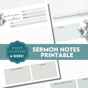 Könnte beinhalten: Druckbare Predigtnotizen-Vorlage mit minimalistischem Design und einer grauen und weißen Blumenillustration. Die Vorlage enthält Abschnitte für Datum, Kirche, Sprecher, Titel, Thema, wichtige Punkte, Bibelstellen, Fragen, was Sie über Gott gelernt haben, und wie Sie reagieren sollten.