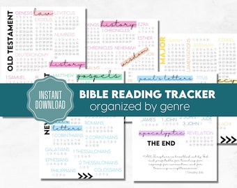 Seguimiento de la lectura de la Biblia, géneros bíblicos imprimibles, planificador diario de estudios bíblicos, imprimibles cristianos, lectura de la Biblia, descarga instantánea