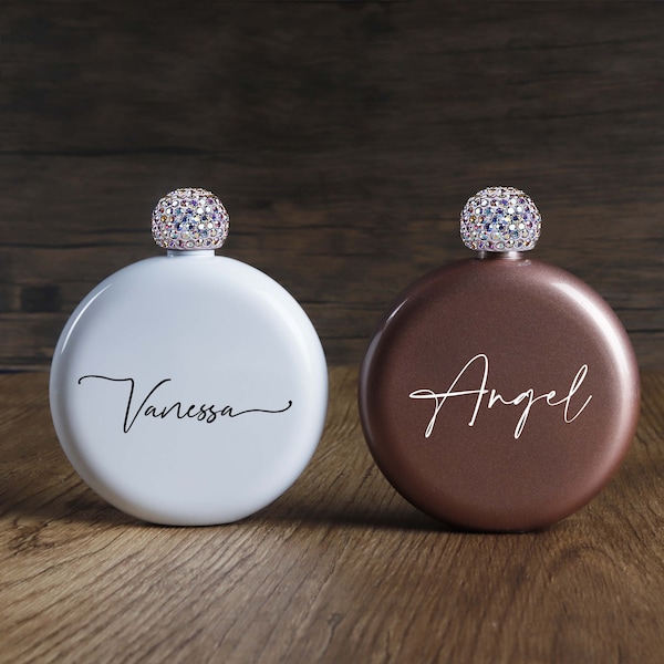 Personalized Round Flasks with Rhinestone Lid for Bridesmaid Gifts