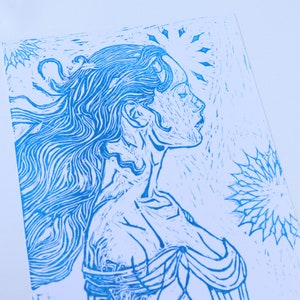Handmade Linocut Block Print &quot;Celeste&quot; Original Celestial Art Wall Hanging