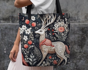 Sac fourre-tout moderne à fleurs avec motif cerf, élégant sac à main floral à imprimé chevreuil, accessoire de mode unique sur la faune, sac à main tendance à fleurs à motif chevreuil