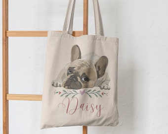 Customizable French Bulldog Beige Tote Bag Personalized Canvas Handbag with Name Eco Friendly Shopping Bag Sustainable Frenchie Art Tote