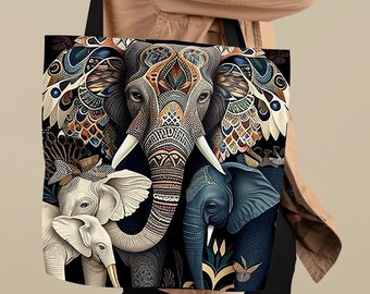 Eco Modern Elephant Tote Bag, Elephant Lover Unique Gift Idea, African Printed Bag Grey Animal Tote Bag with Mammoth, Hobo Bag for Everyday