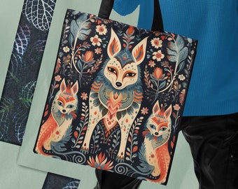 Abstract Fox Art Tote, Woodland Animal Illustration Shopping Bag