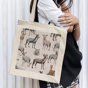 Eco Tote Bag Minimalistic Handbag with Animal Print Fabric Animal Lover Gift for Nature Lovers Jute Bag Nature Animal Tote Beige Bag