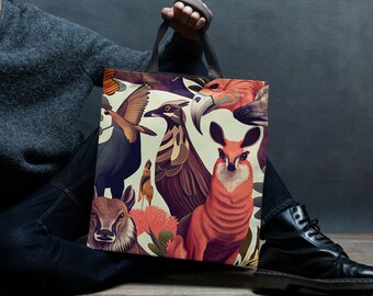 Safari Animal Art Tote, Wildlife Illustration Reusable Shopping Bag