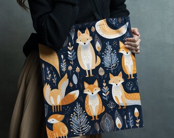 Fox Print Tote, Woodland Animal Shopper, Forest Pattern Reusable Bag, Gift for Nature Lovers