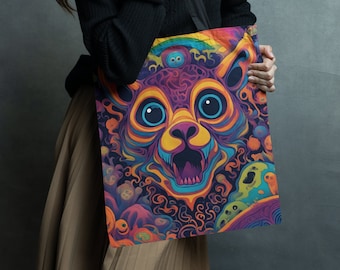 Wolf Tote Bag, Colorful Animal Illustration Reusable Shopping Tote