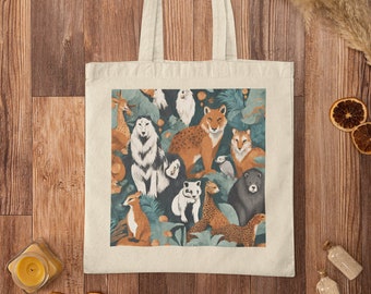 Wildlife Animal Tote Bag, Forest Illustration Reusable Shopping Bag