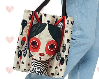 Modern Dog AOP Tote Bag Abstract Creature Polyster Pouch Stylish Red Printed Bag Artistic Puppet Fabric Recycable Tote Unique Dog Lover Gift