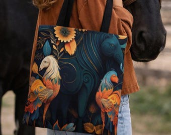 Horse Tote, Elegant Equestrian Art Carry, Reusable Shopping Gift