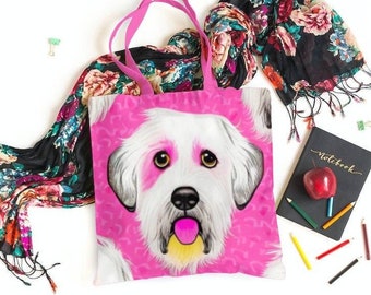 Funny Dog Tote Bag Pink Tote with Dog Bright Puppy Pattern Bag Adorable Pinky Shoulder Bag with Dog Cheerful White Dog Printed Tote Dog Gift