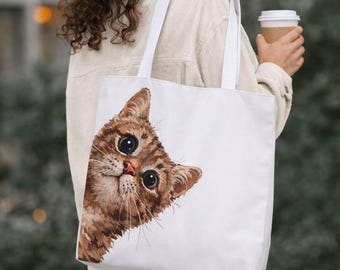 Peeking Kitten Canvas Shopper, Cat Lover Gift, Polyester Reusable Shopping Bag