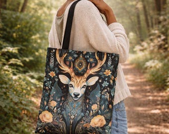 Bohemian Deer Tote, Mystical Forest Animal Art Carry