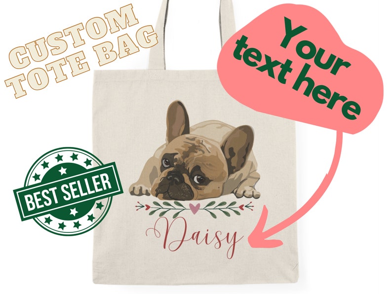 Aanpasbare Franse Bulldog draagtas met naam Gepersonaliseerde milieuvriendelijke canvas handtas Uniek Frenchie cadeau voor hondenliefhebbers afbeelding 1