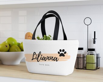 Personalized Lunch Bag with Paw Design, White Custom Name Lunch Tote, Custom Name Paw Print Snack Bag, Personalized Lunchbox for Pet Owners