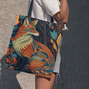 Fox AOP Tote Bag in Dark Forest Unique Tote Textiled Printed Fox Bag Elegant Fox Shoulder Bag Colorful Wild Fox Lover Bag Reusable