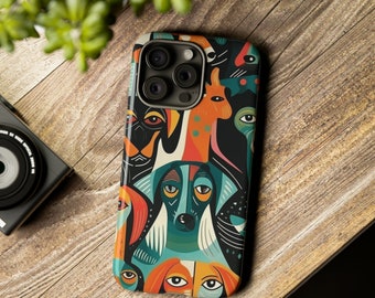 Étui pour téléphone unique avec motif chien abstrait, housse de téléphone à motif chien tendance, étui pour smartphone à imprimé chien art abstrait, étui pour téléphone abstrait coloré