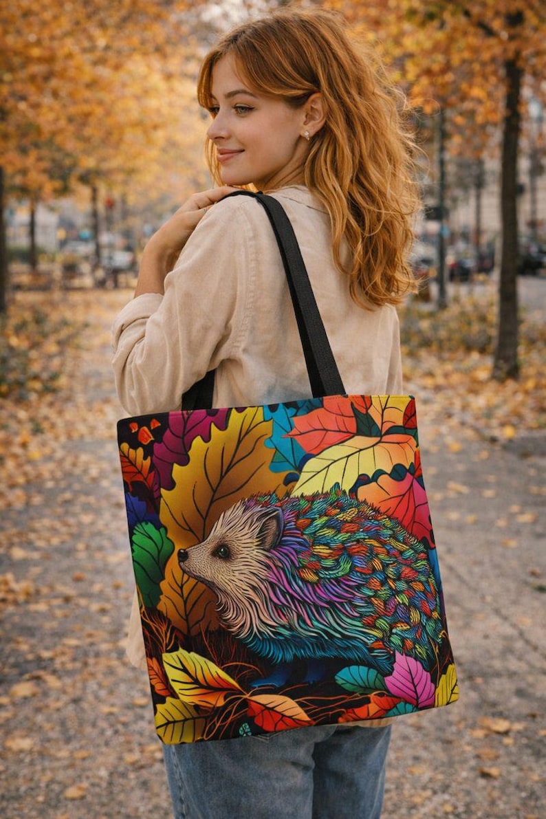 Hedgehog Fall Tote, Woodland Animal Shopping Bag, Colorful Autumn Nature Gift image 1