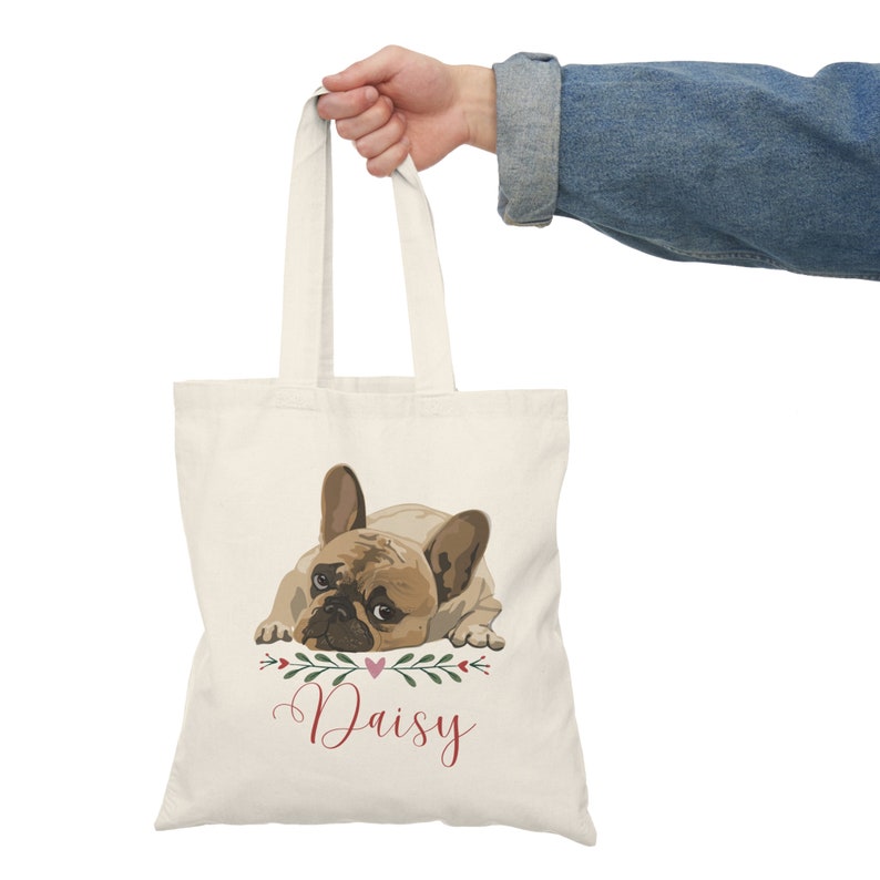 Aanpasbare Franse Bulldog draagtas met naam Gepersonaliseerde milieuvriendelijke canvas handtas Uniek Frenchie cadeau voor hondenliefhebbers afbeelding 7