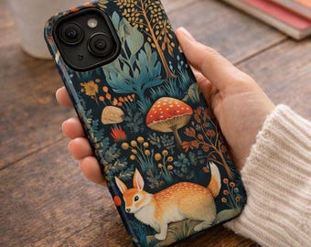 Woodland Rabbit Phone Case, Forest Animal Art Cover, Mushroom Nature Gift
