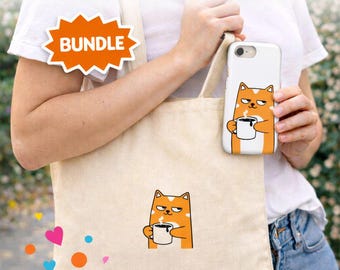 Coffee Cat Phone Case and Canvas Tote Matching Gift Set